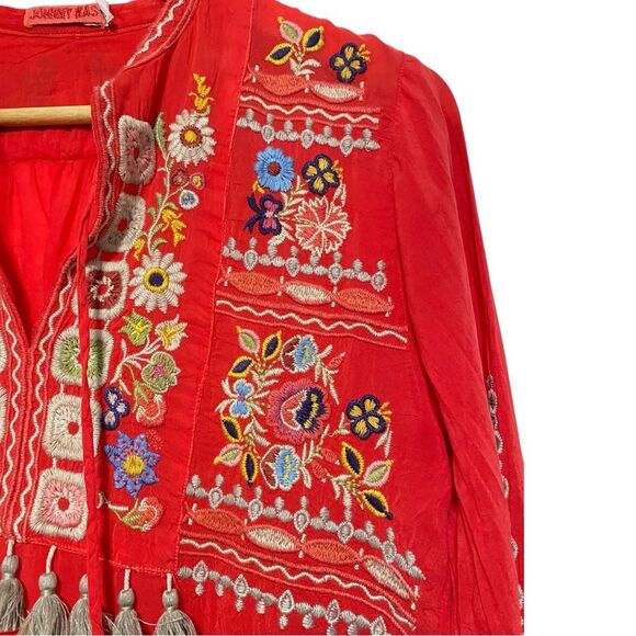 Johnny Was Red Coriander Tasseled Embroidered Blouse Boho Chic C17123 Size XXS - Picture 8 of 15